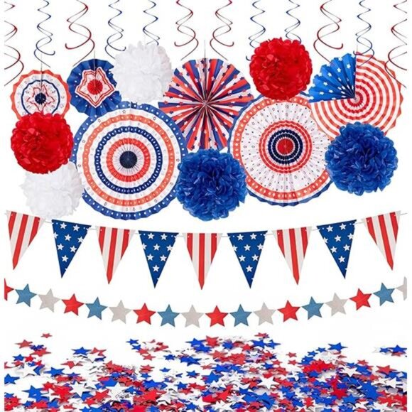 29-Piece Patriotic Party Decor Set – Red, White & Blue Fans, Poms, Banners - Picture 7 of 7